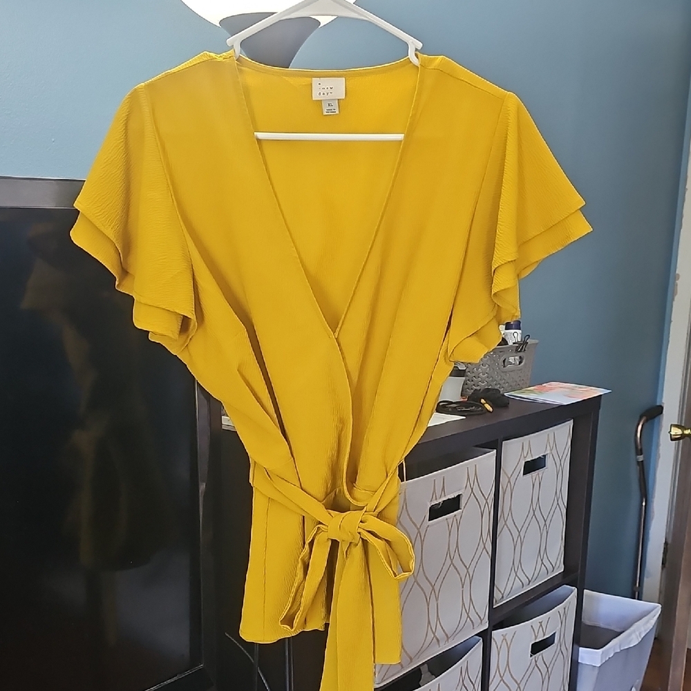 A New Day Yellow Flutter Sleeve Wrap Blouse